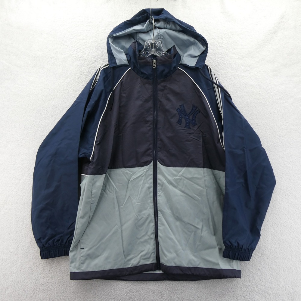 Starter Jacket Mens Large New York Yankees Blue Grey Vintage Windbreaker Hooded